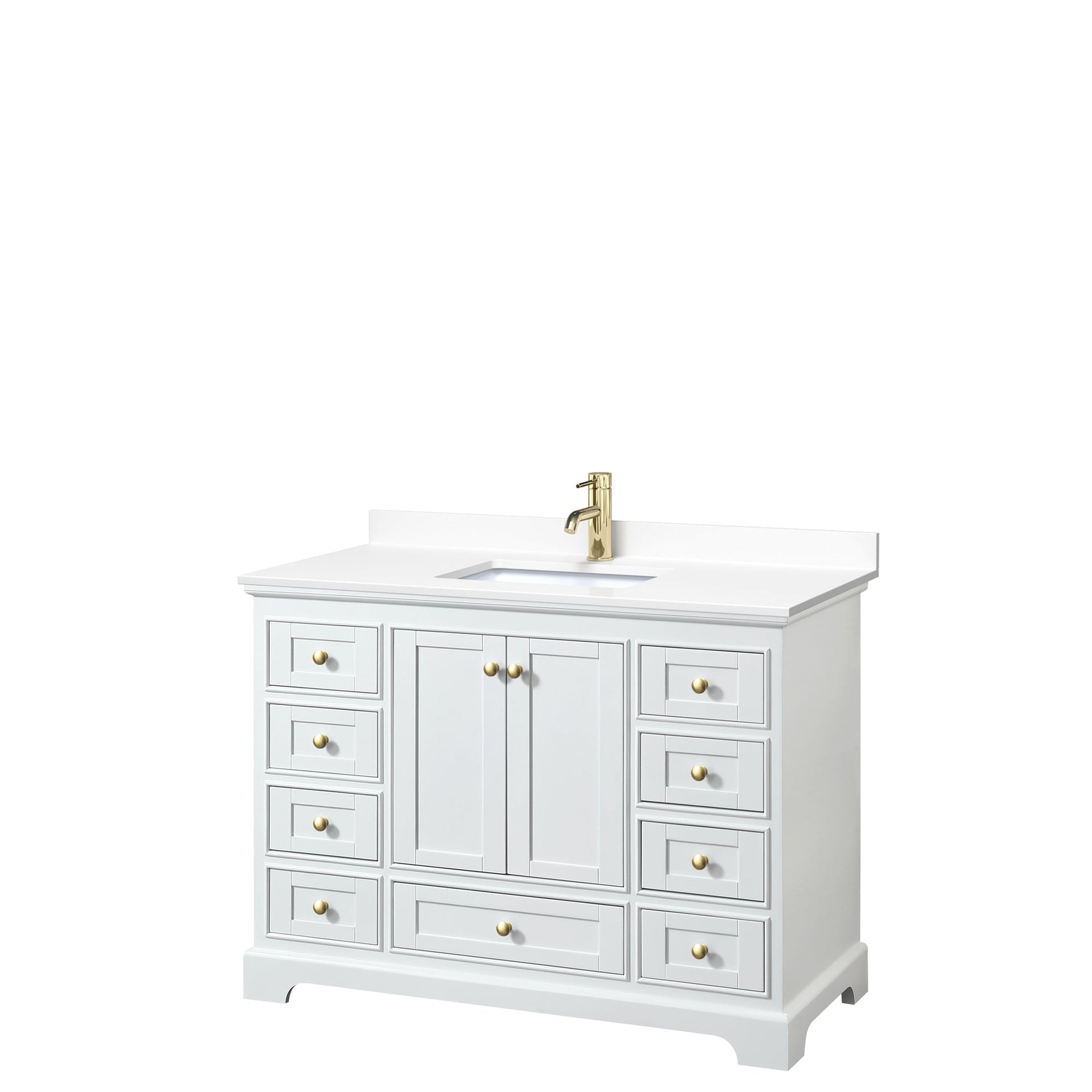 Wyndham Collection Deborah 48" Single Bathroom Vanity in White, White Cultured Marble Countertop, Undermount Square Sink, Brushed Gold Trim, No Mirror