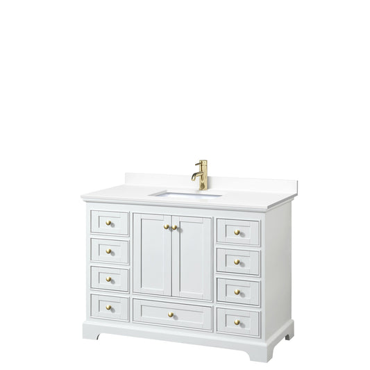 Wyndham Collection Deborah 48" Single Bathroom Vanity in White, White Cultured Marble Countertop, Undermount Square Sink, Brushed Gold Trim, No Mirror