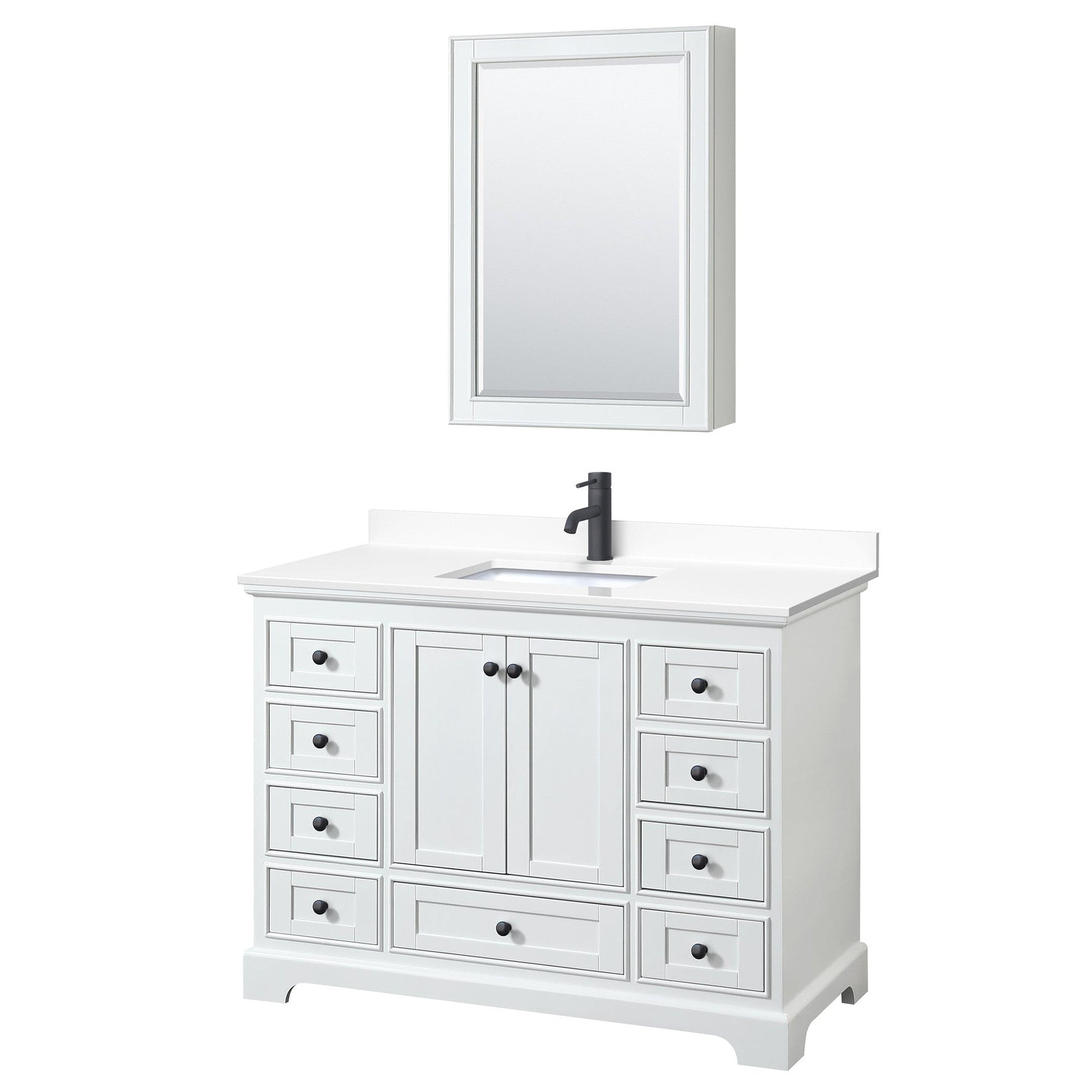 Wyndham Collection Deborah 48" Single Bathroom Vanity in White, White Cultured Marble Countertop, Undermount Square Sink, Matte Black Trim, Medicine Cabinet