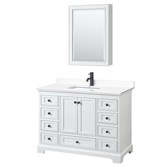 Wyndham Collection Deborah 48" Single Bathroom Vanity in White, White Cultured Marble Countertop, Undermount Square Sink, Matte Black Trim, Medicine Cabinet