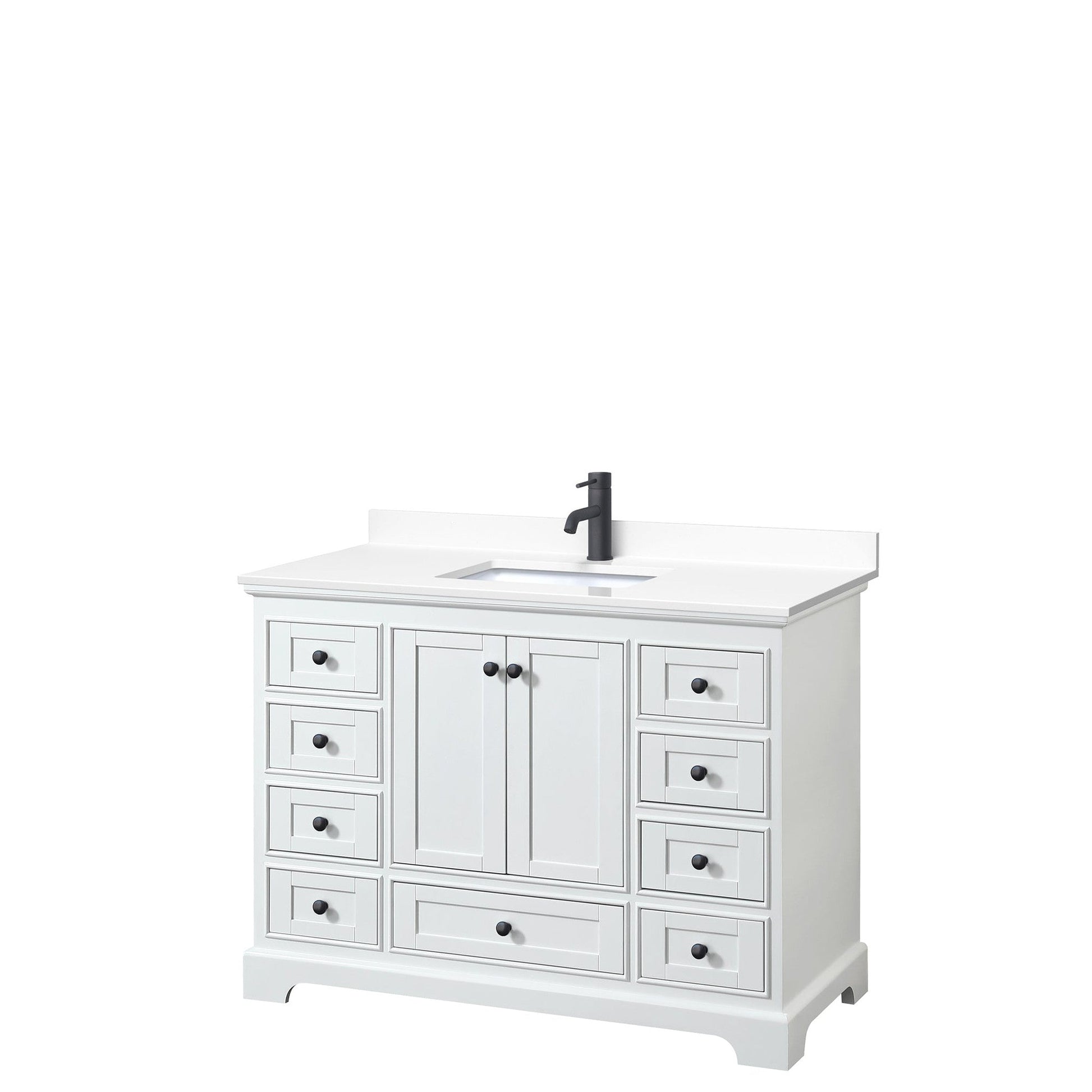 Wyndham Collection Deborah 48" Single Bathroom Vanity in White, White Cultured Marble Countertop, Undermount Square Sink, Matte Black Trim