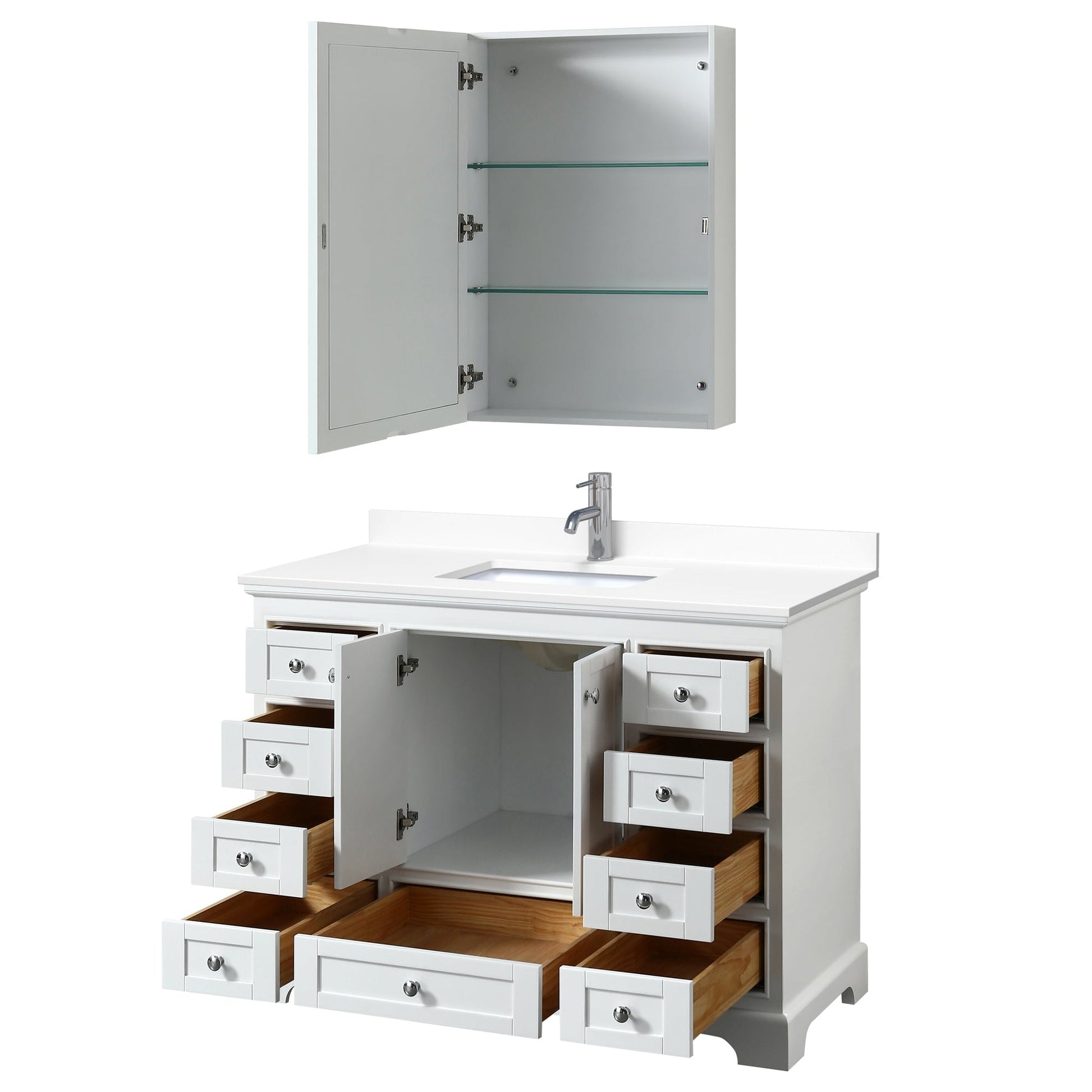 Wyndham Collection Deborah 48" Single Bathroom Vanity in White, White Cultured Marble Countertop, Undermount Square Sink, Medicine Cabinet