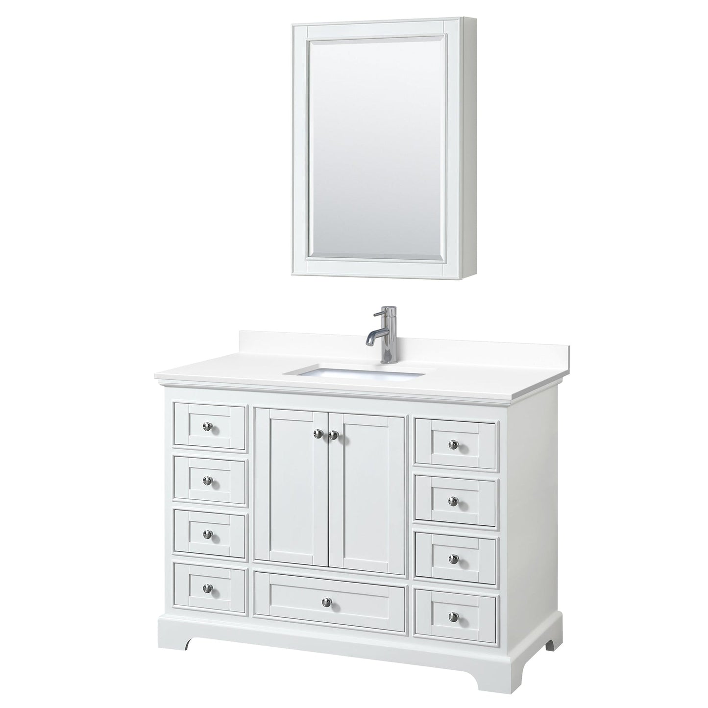 Wyndham Collection Deborah 48" Single Bathroom Vanity in White, White Cultured Marble Countertop, Undermount Square Sink, Medicine Cabinet
