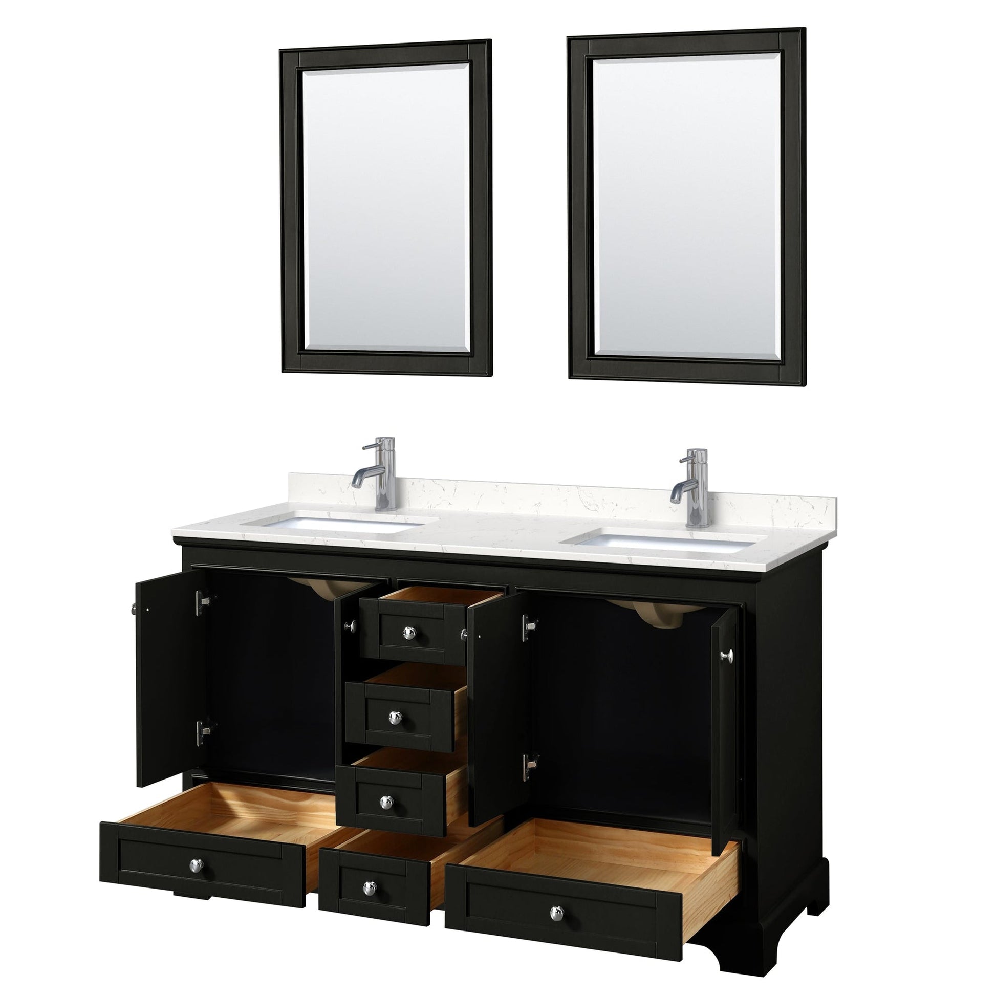 Wyndham Collection Deborah 60" Double Bathroom Vanity in Dark Espresso, Light-Vein Carrara Cultured Marble Countertop, Undermount Square Sinks, 24" Mirror