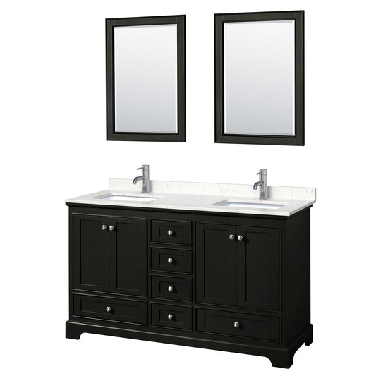 Wyndham Collection Deborah 60" Double Bathroom Vanity in Dark Espresso, Light-Vein Carrara Cultured Marble Countertop, Undermount Square Sinks, 24" Mirror