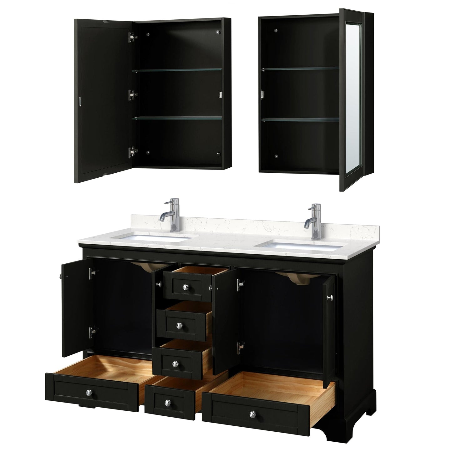 Wyndham Collection Deborah 60" Double Bathroom Vanity in Dark Espresso, Light-Vein Carrara Cultured Marble Countertop, Undermount Square Sinks, Medicine Cabinet