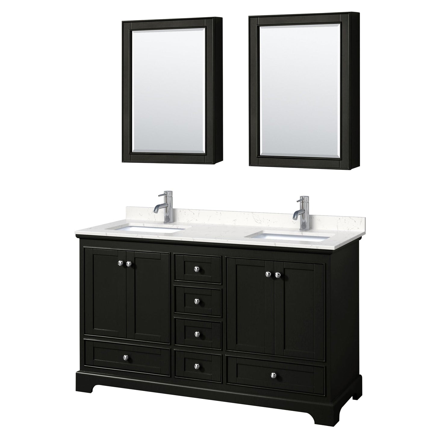Wyndham Collection Deborah 60" Double Bathroom Vanity in Dark Espresso, Light-Vein Carrara Cultured Marble Countertop, Undermount Square Sinks, Medicine Cabinet