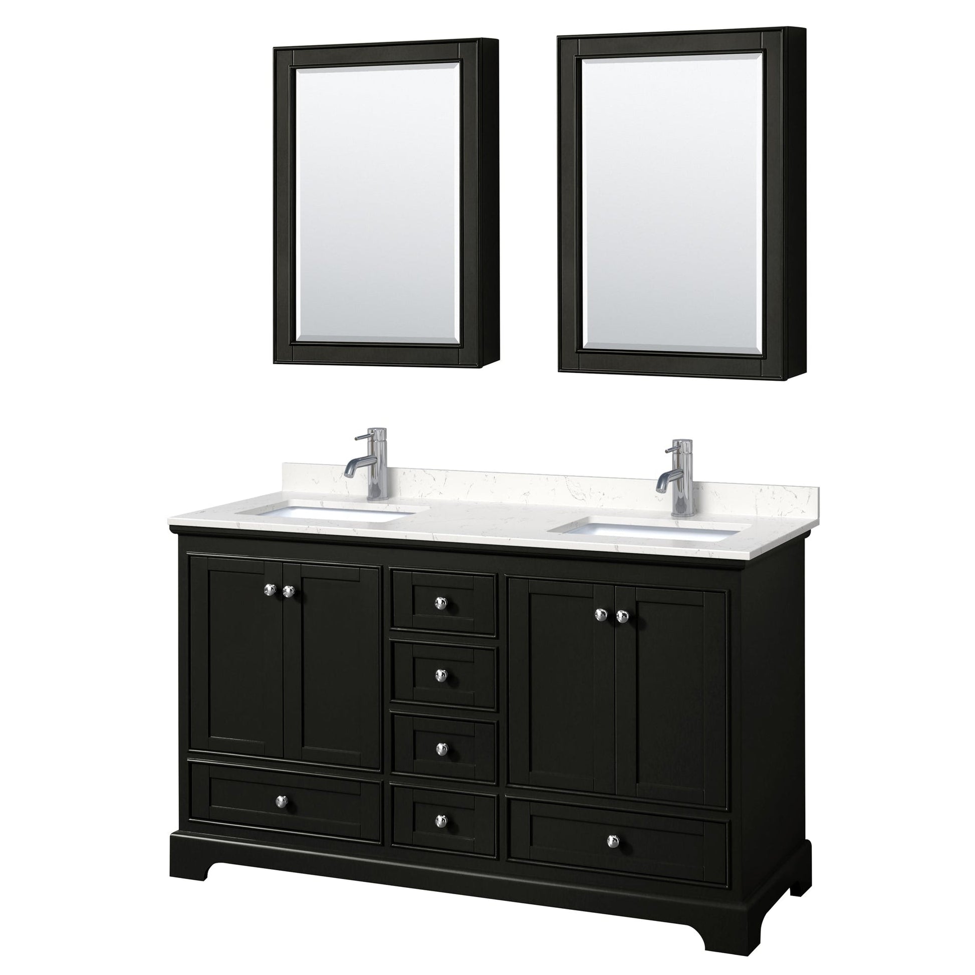 Wyndham Collection Deborah 60" Double Bathroom Vanity in Dark Espresso, Light-Vein Carrara Cultured Marble Countertop, Undermount Square Sinks, Medicine Cabinet