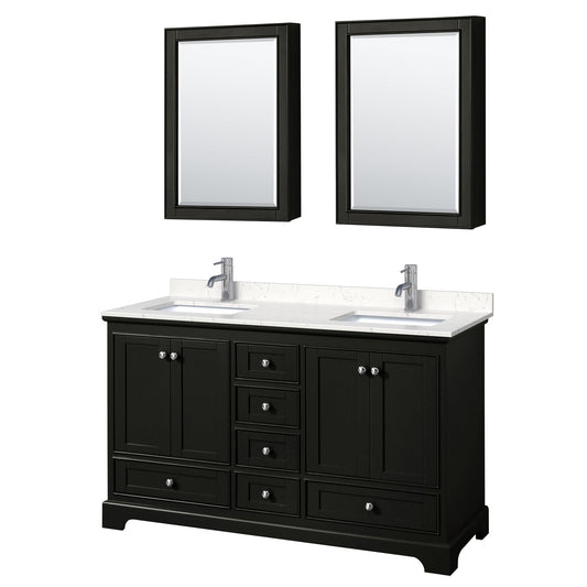 Wyndham Collection Deborah 60" Double Bathroom Vanity in Dark Espresso, Light-Vein Carrara Cultured Marble Countertop, Undermount Square Sinks, Medicine Cabinet