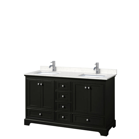 Wyndham Collection Deborah 60" Double Bathroom Vanity in Dark Espresso, Light-Vein Carrara Cultured Marble Countertop, Undermount Square Sinks, No Mirror