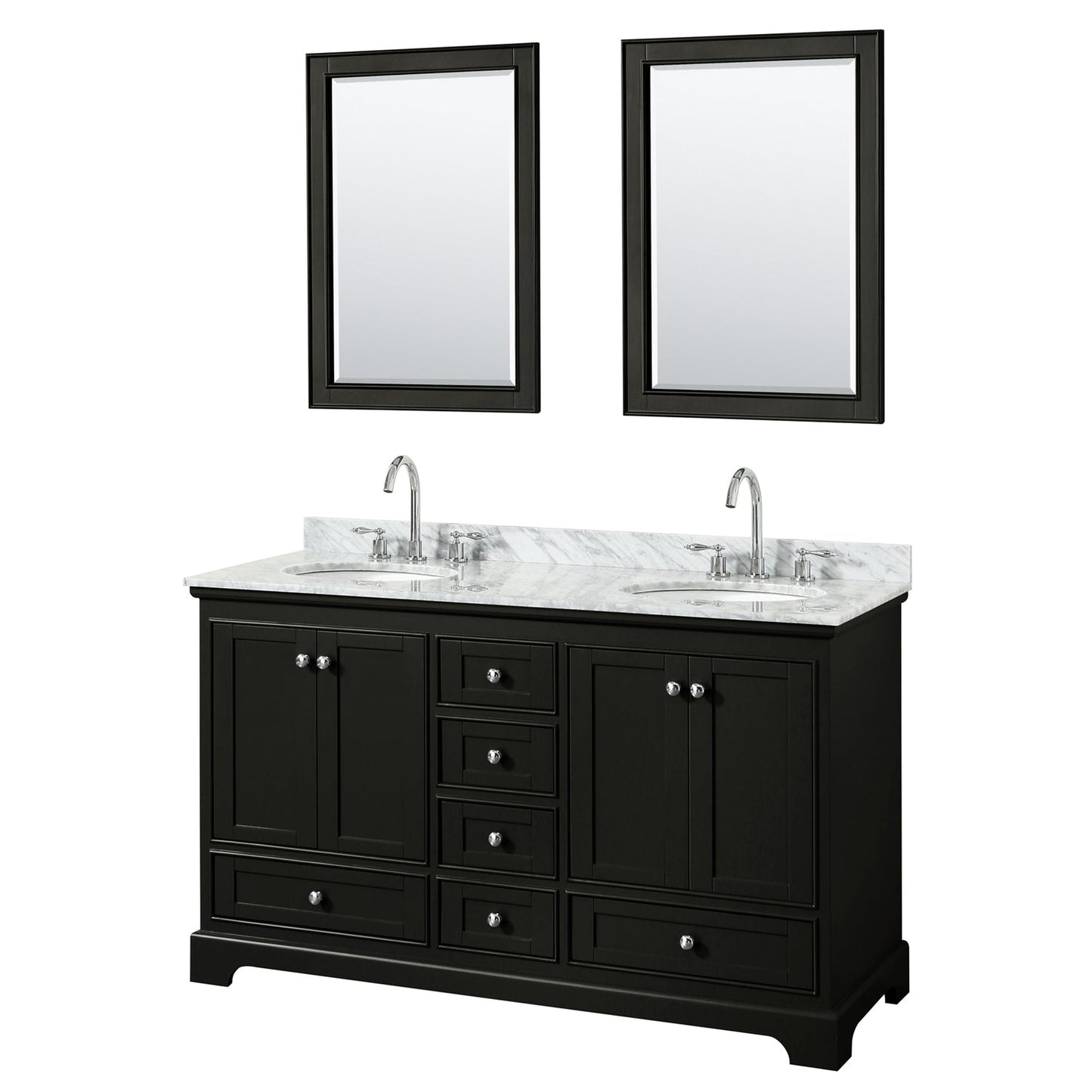 Wyndham Collection Deborah 60" Double Bathroom Vanity in Dark Espresso, White Carrara Marble Countertop, Undermount Oval Sinks, and 24" Mirror