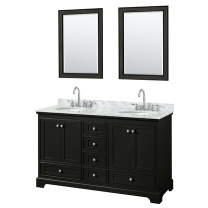 Wyndham Collection Deborah 60" Double Bathroom Vanity in Dark Espresso, White Carrara Marble Countertop, Undermount Oval Sinks, and 24" Mirror