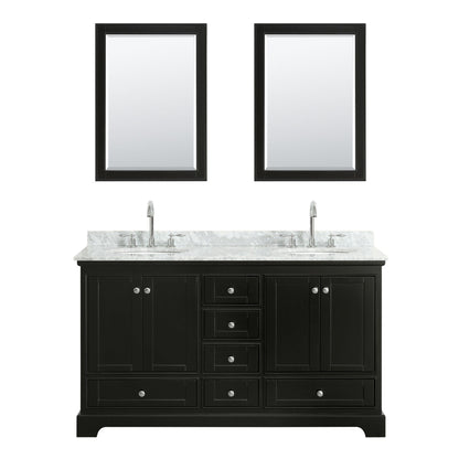 Wyndham Collection Deborah 60" Double Bathroom Vanity in Dark Espresso, White Carrara Marble Countertop, Undermount Oval Sinks, and 24" Mirror