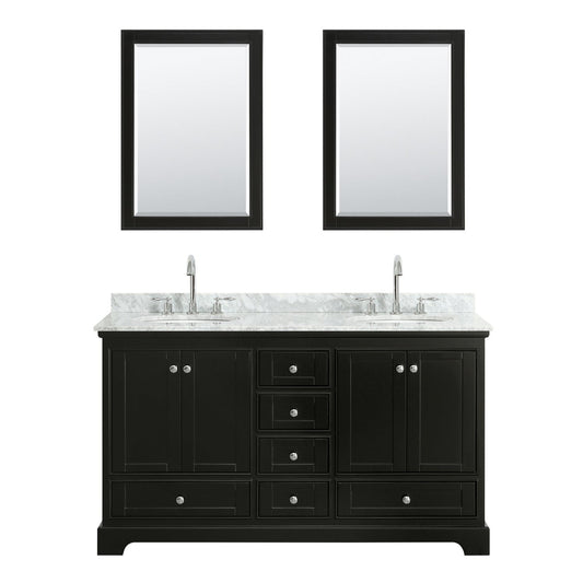 Wyndham Collection Deborah 60" Double Bathroom Vanity in Dark Espresso, White Carrara Marble Countertop, Undermount Oval Sinks, and 24" Mirror