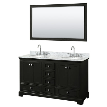 Wyndham Collection Deborah 60" Double Bathroom Vanity in Dark Espresso, White Carrara Marble Countertop, Undermount Oval Sinks, and 58" Mirror