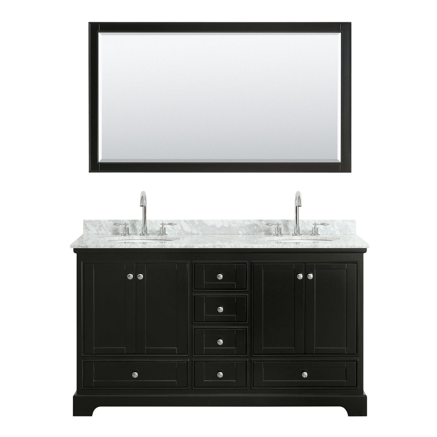 Wyndham Collection Deborah 60" Double Bathroom Vanity in Dark Espresso, White Carrara Marble Countertop, Undermount Oval Sinks, and 58" Mirror