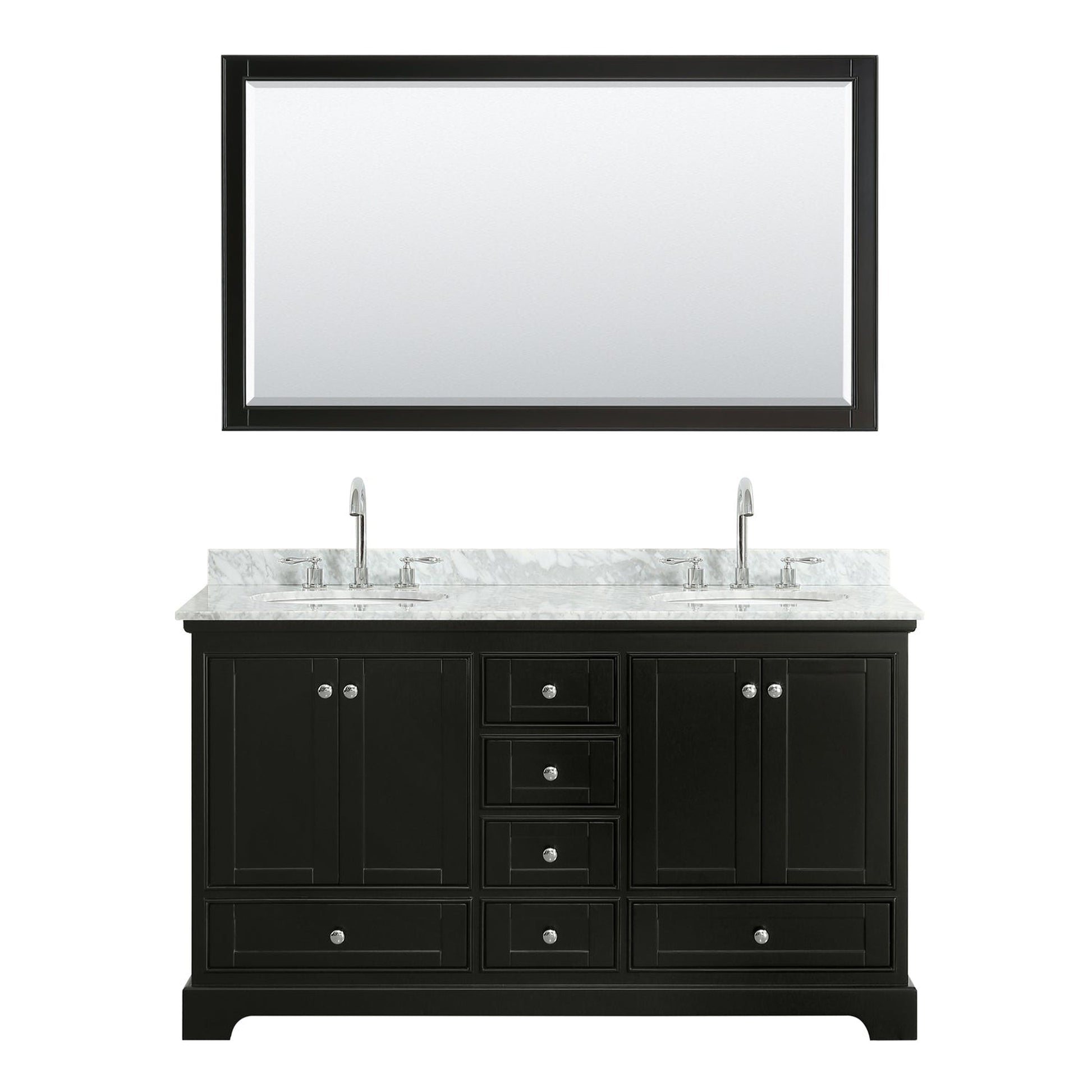 Wyndham Collection Deborah 60" Double Bathroom Vanity in Dark Espresso, White Carrara Marble Countertop, Undermount Oval Sinks, and 58" Mirror
