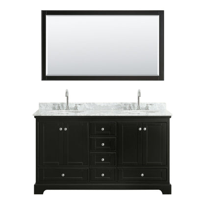 Wyndham Collection Deborah 60" Double Bathroom Vanity in Dark Espresso, White Carrara Marble Countertop, Undermount Oval Sinks, and 58" Mirror