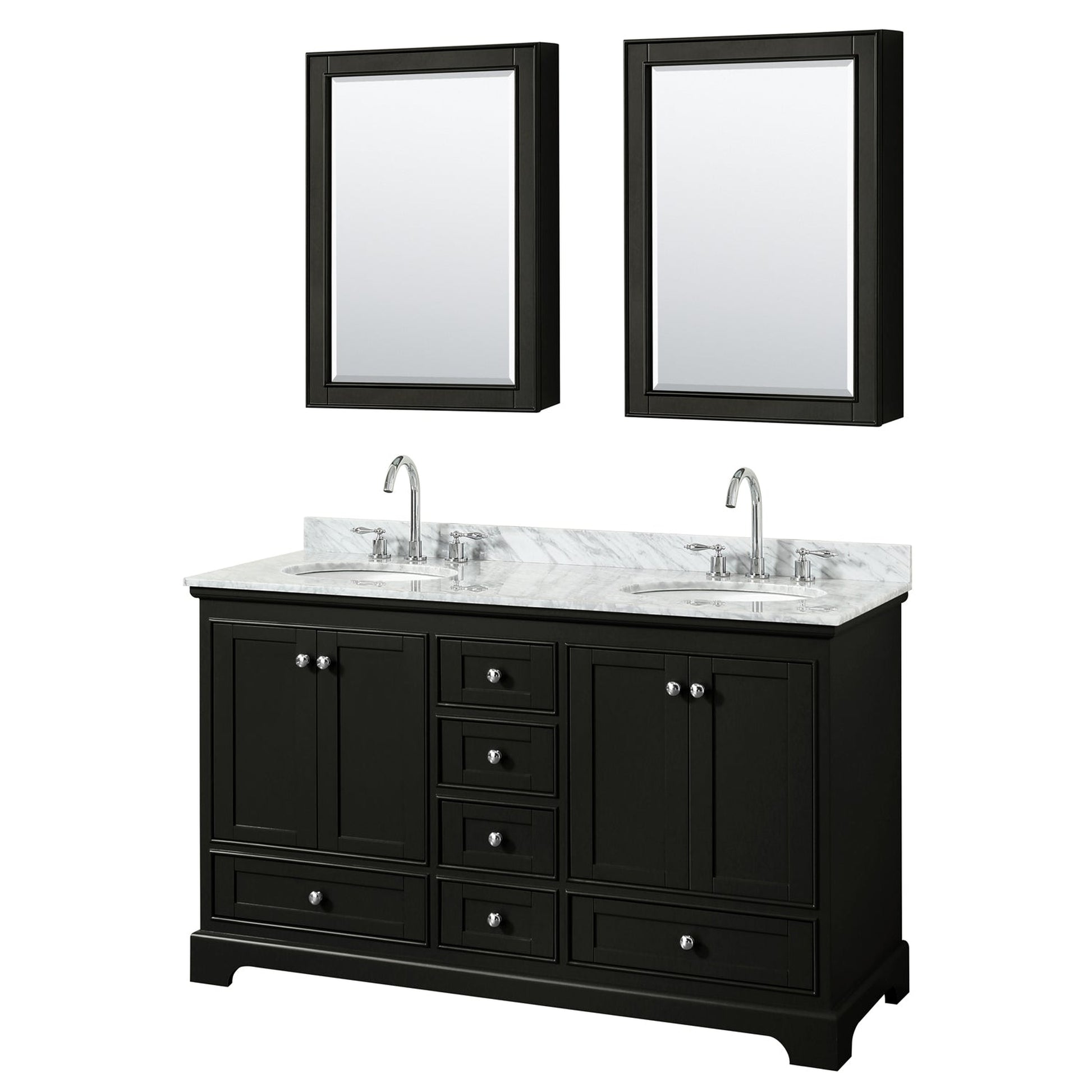 Wyndham Collection Deborah 60" Double Bathroom Vanity in Dark Espresso, White Carrara Marble Countertop, Undermount Oval Sinks, and Medicine Cabinet
