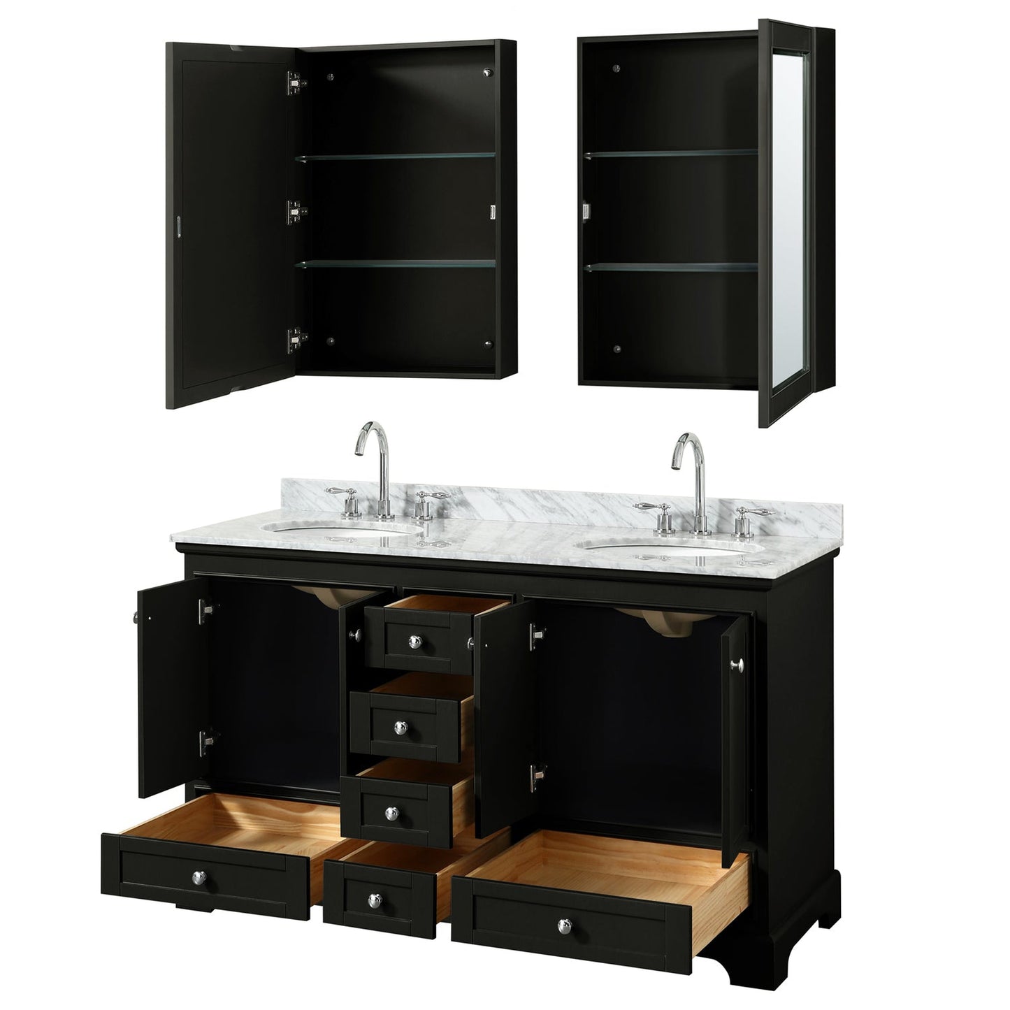 Wyndham Collection Deborah 60" Double Bathroom Vanity in Dark Espresso, White Carrara Marble Countertop, Undermount Oval Sinks, and Medicine Cabinet
