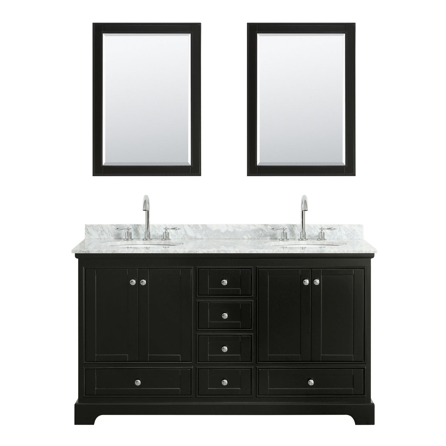 Wyndham Collection Deborah 60" Double Bathroom Vanity in Dark Espresso, White Carrara Marble Countertop, Undermount Oval Sinks, and Medicine Cabinet