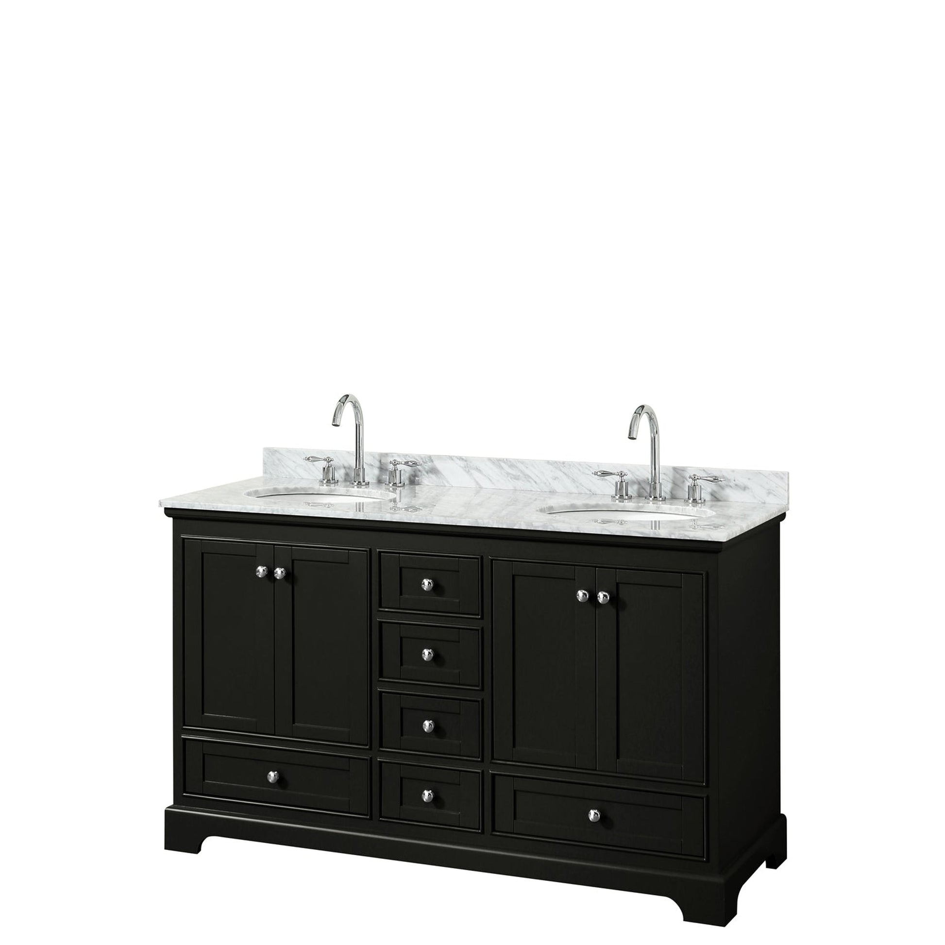 Wyndham Collection Deborah 60" Double Bathroom Vanity in Dark Espresso, White Carrara Marble Countertop, Undermount Oval Sinks, and No Mirror