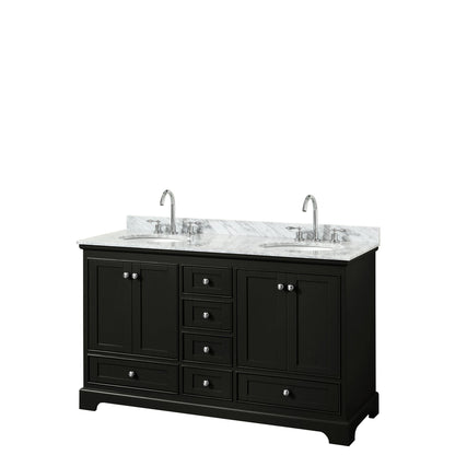 Wyndham Collection Deborah 60" Double Bathroom Vanity in Dark Espresso, White Carrara Marble Countertop, Undermount Oval Sinks, and No Mirror