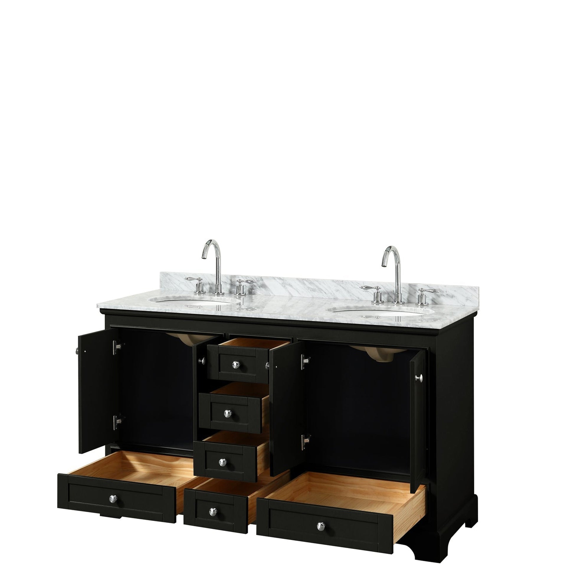 Wyndham Collection Deborah 60" Double Bathroom Vanity in Dark Espresso, White Carrara Marble Countertop, Undermount Oval Sinks, and No Mirror