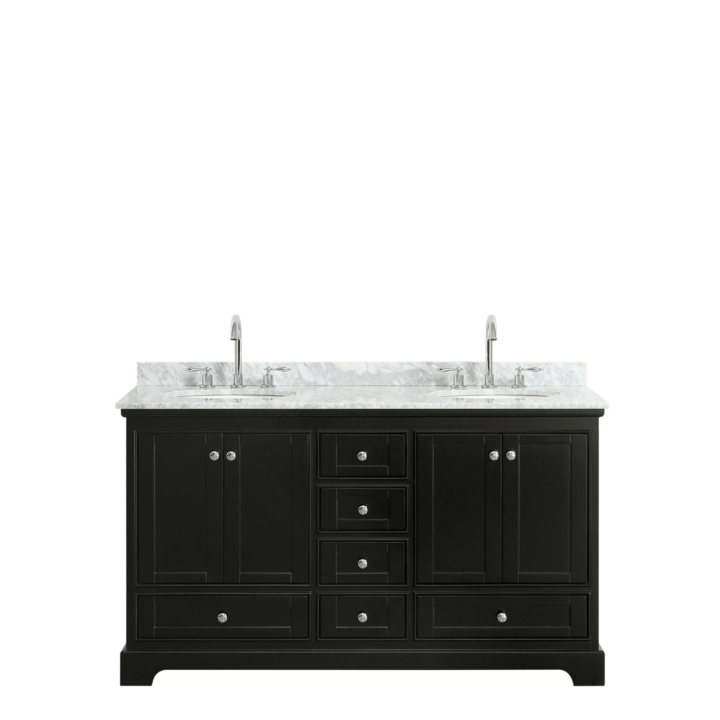Wyndham Collection Deborah 60" Double Bathroom Vanity in Dark Espresso, White Carrara Marble Countertop, Undermount Oval Sinks, and No Mirror