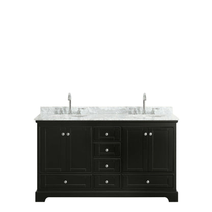 Wyndham Collection Deborah 60" Double Bathroom Vanity in Dark Espresso, White Carrara Marble Countertop, Undermount Oval Sinks, and No Mirror