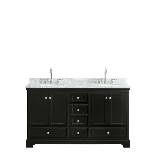 Wyndham Collection Deborah 60" Double Bathroom Vanity in Dark Espresso, White Carrara Marble Countertop, Undermount Oval Sinks, and No Mirror