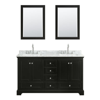 Wyndham Collection Deborah 60" Double Bathroom Vanity in Dark Espresso, White Carrara Marble Countertop, Undermount Square Sinks, and 24" Mirror