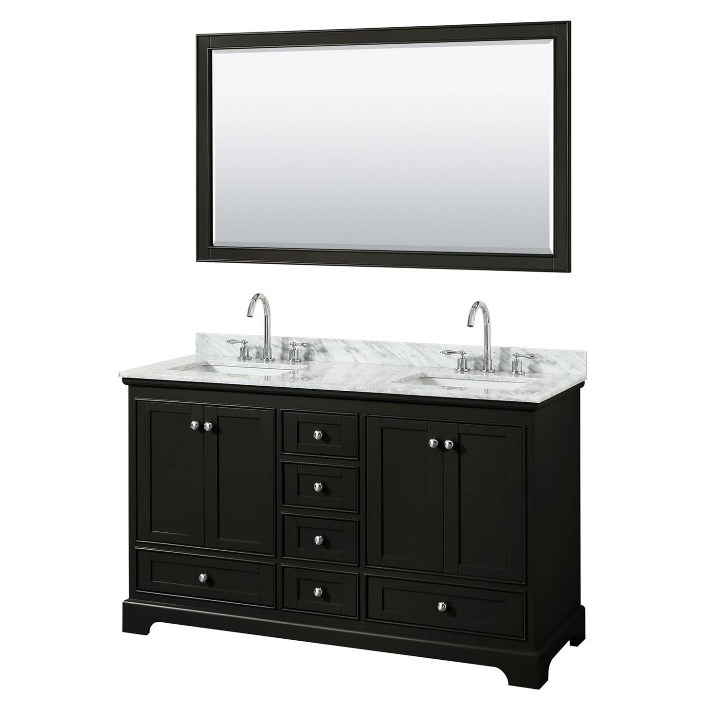 Wyndham Collection Deborah 60" Double Bathroom Vanity in Dark Espresso, White Carrara Marble Countertop, Undermount Square Sinks, and 58" Mirror