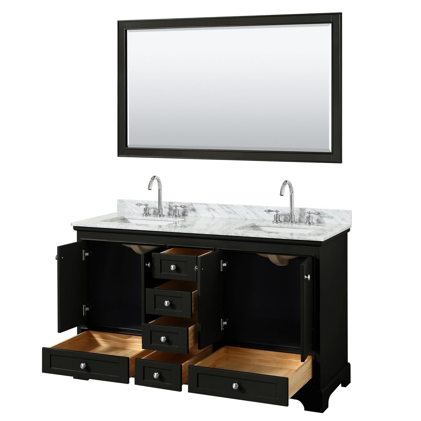 Wyndham Collection Deborah 60" Double Bathroom Vanity in Dark Espresso, White Carrara Marble Countertop, Undermount Square Sinks, and 58" Mirror