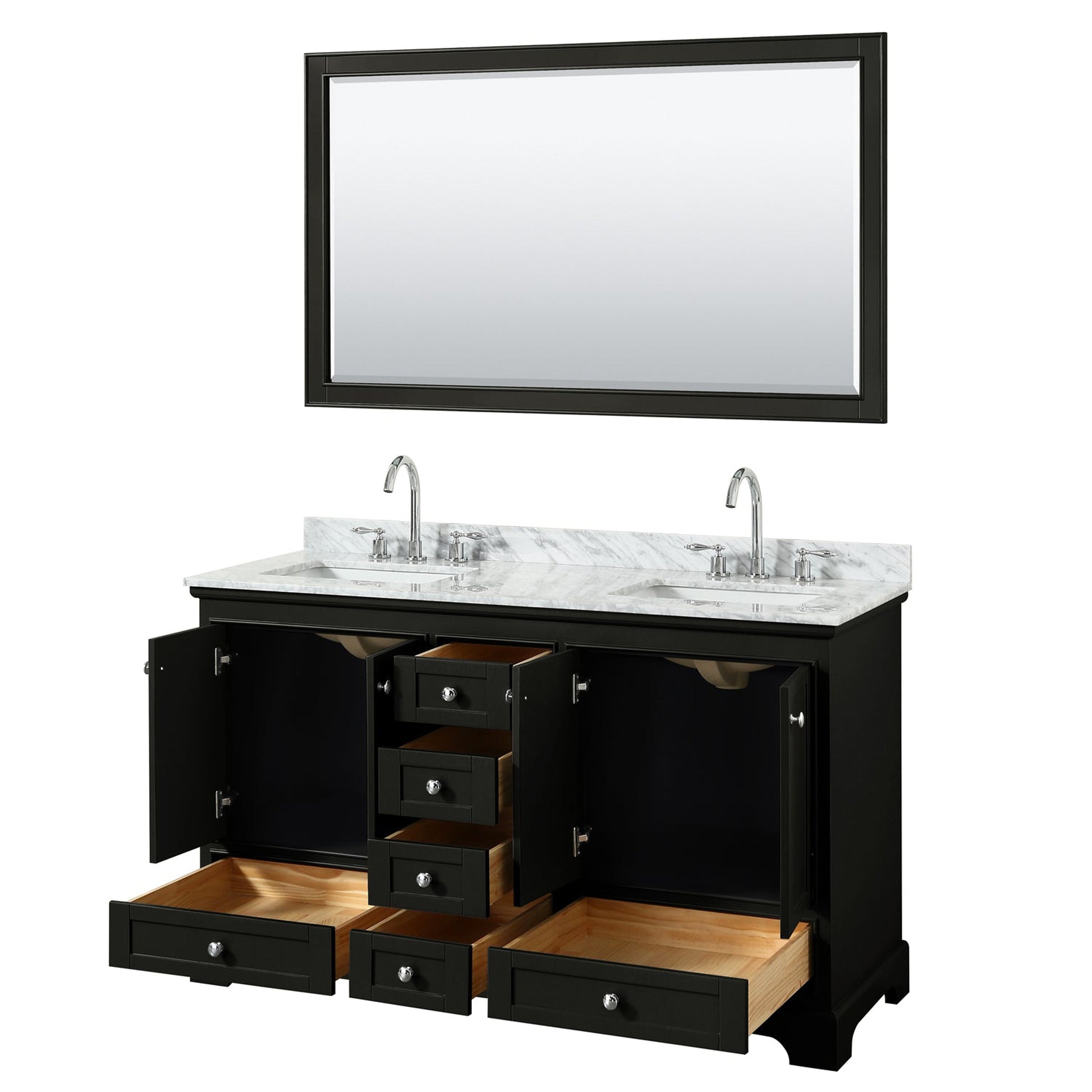 Wyndham Collection Deborah 60" Double Bathroom Vanity in Dark Espresso, White Carrara Marble Countertop, Undermount Square Sinks, and 58" Mirror