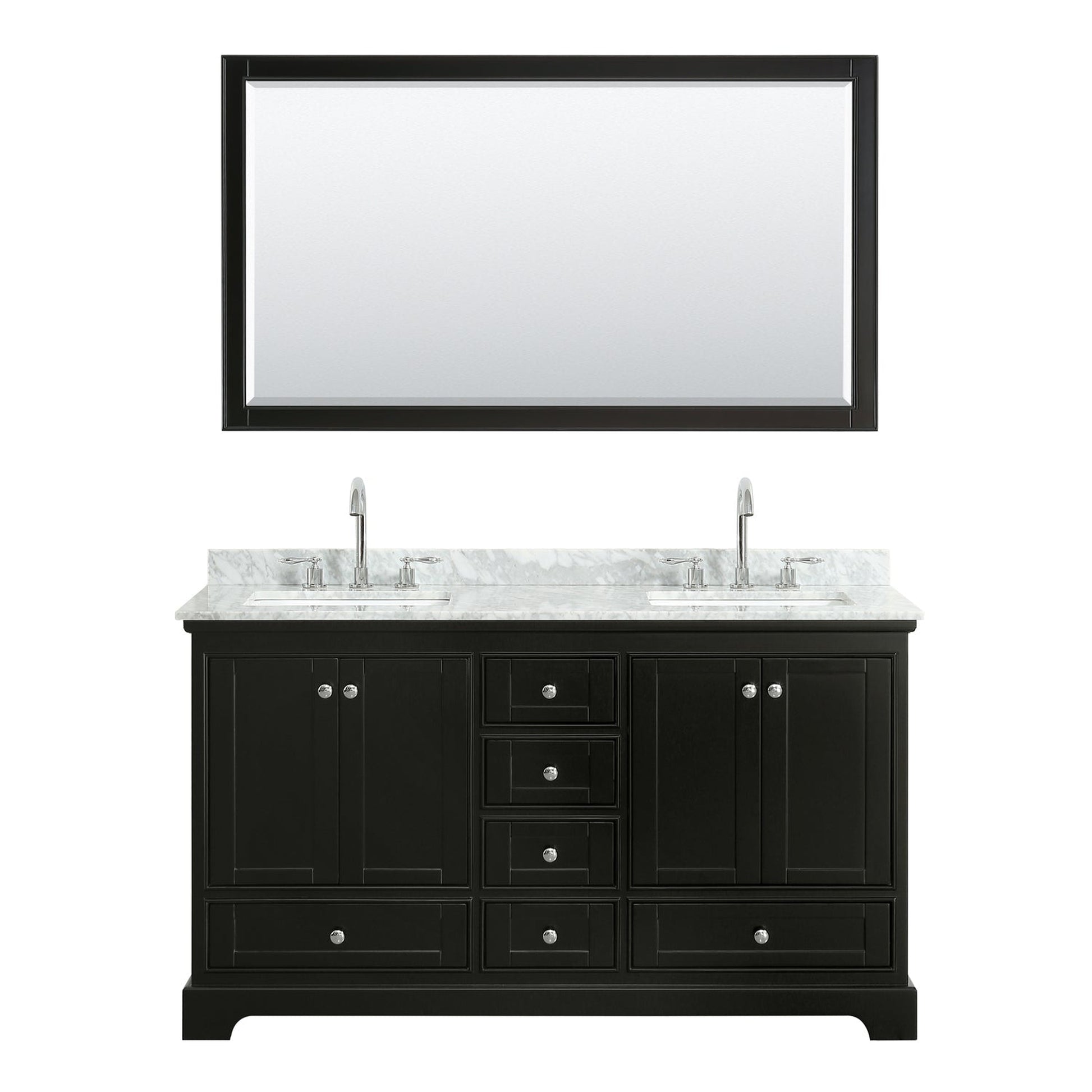 Wyndham Collection Deborah 60" Double Bathroom Vanity in Dark Espresso, White Carrara Marble Countertop, Undermount Square Sinks, and 58" Mirror