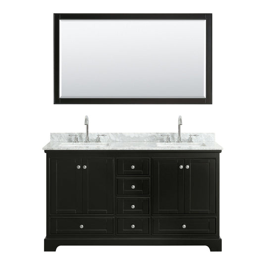Wyndham Collection Deborah 60" Double Bathroom Vanity in Dark Espresso, White Carrara Marble Countertop, Undermount Square Sinks, and 58" Mirror
