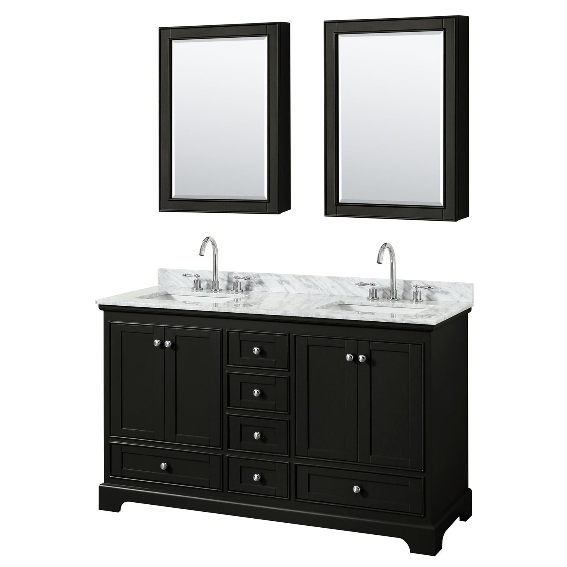 Wyndham Collection Deborah 60" Double Bathroom Vanity in Dark Espresso, White Carrara Marble Countertop, Undermount Square Sinks, and Medicine Cabinet