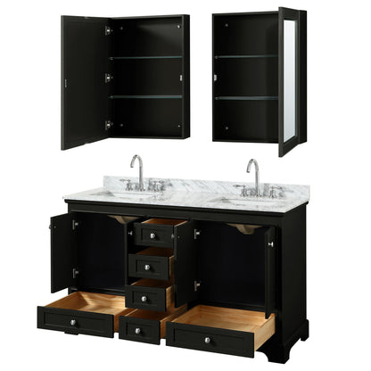 Wyndham Collection Deborah 60" Double Bathroom Vanity in Dark Espresso, White Carrara Marble Countertop, Undermount Square Sinks, and Medicine Cabinet