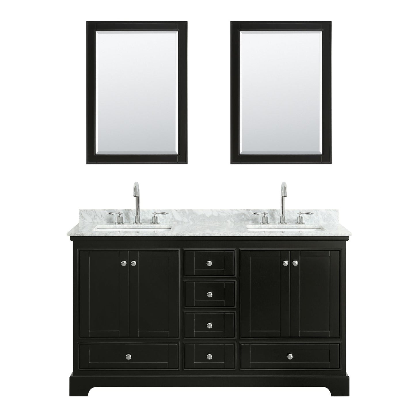 Wyndham Collection Deborah 60" Double Bathroom Vanity in Dark Espresso, White Carrara Marble Countertop, Undermount Square Sinks, and Medicine Cabinet