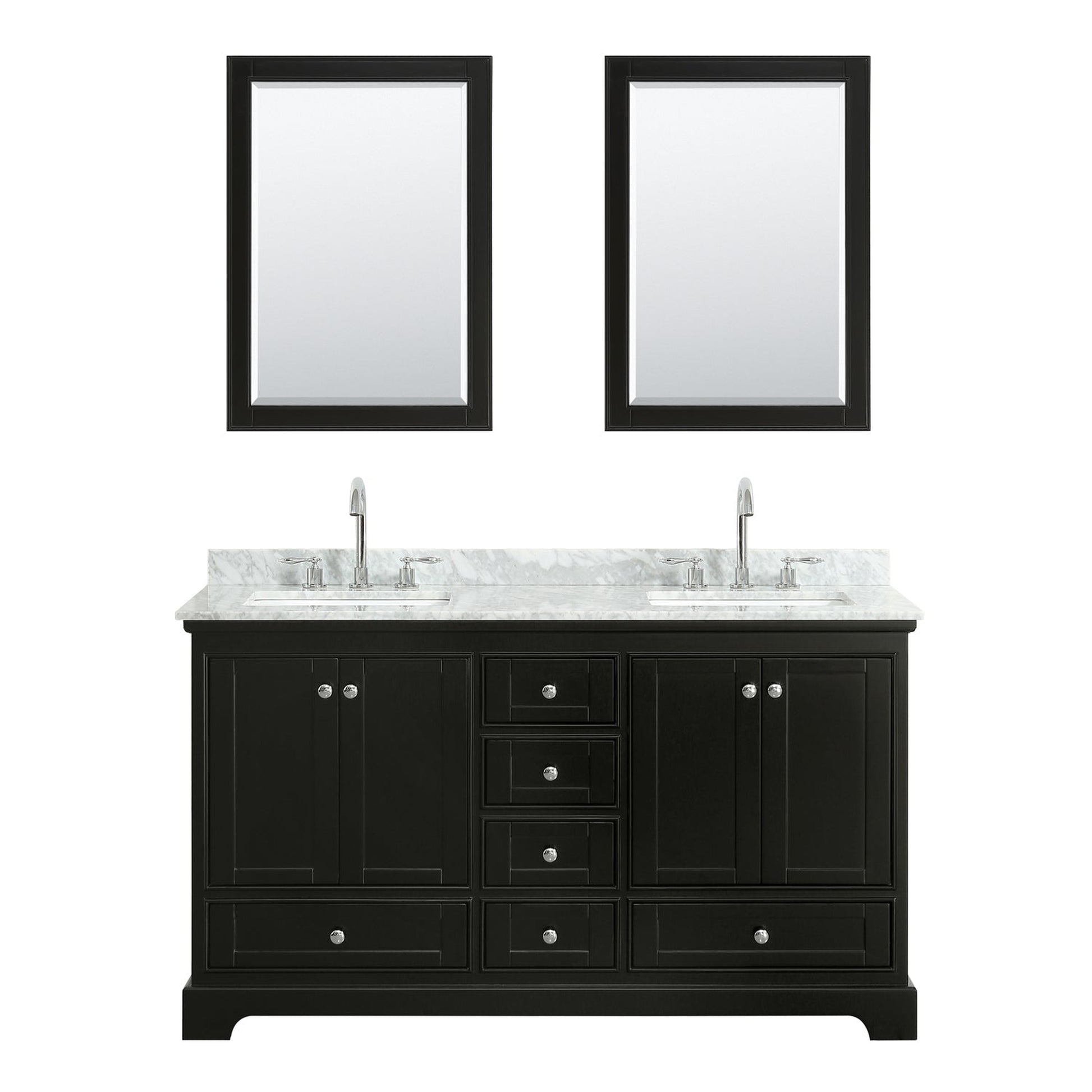 Wyndham Collection Deborah 60" Double Bathroom Vanity in Dark Espresso, White Carrara Marble Countertop, Undermount Square Sinks, and Medicine Cabinet