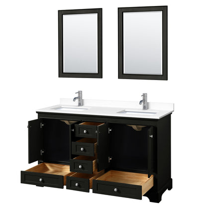 Wyndham Collection Deborah 60" Double Bathroom Vanity in Dark Espresso, White Cultured Marble Countertop, Undermount Square Sinks, 24" Mirror