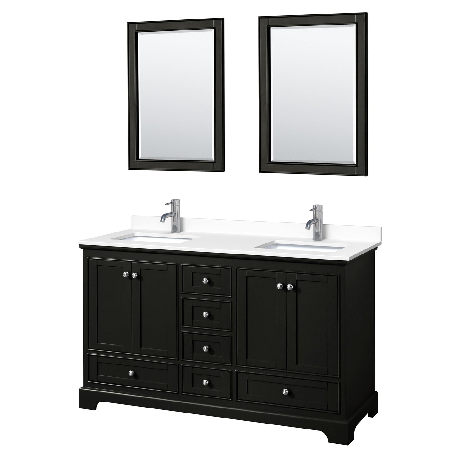Wyndham Collection Deborah 60" Double Bathroom Vanity in Dark Espresso, White Cultured Marble Countertop, Undermount Square Sinks, 24" Mirror
