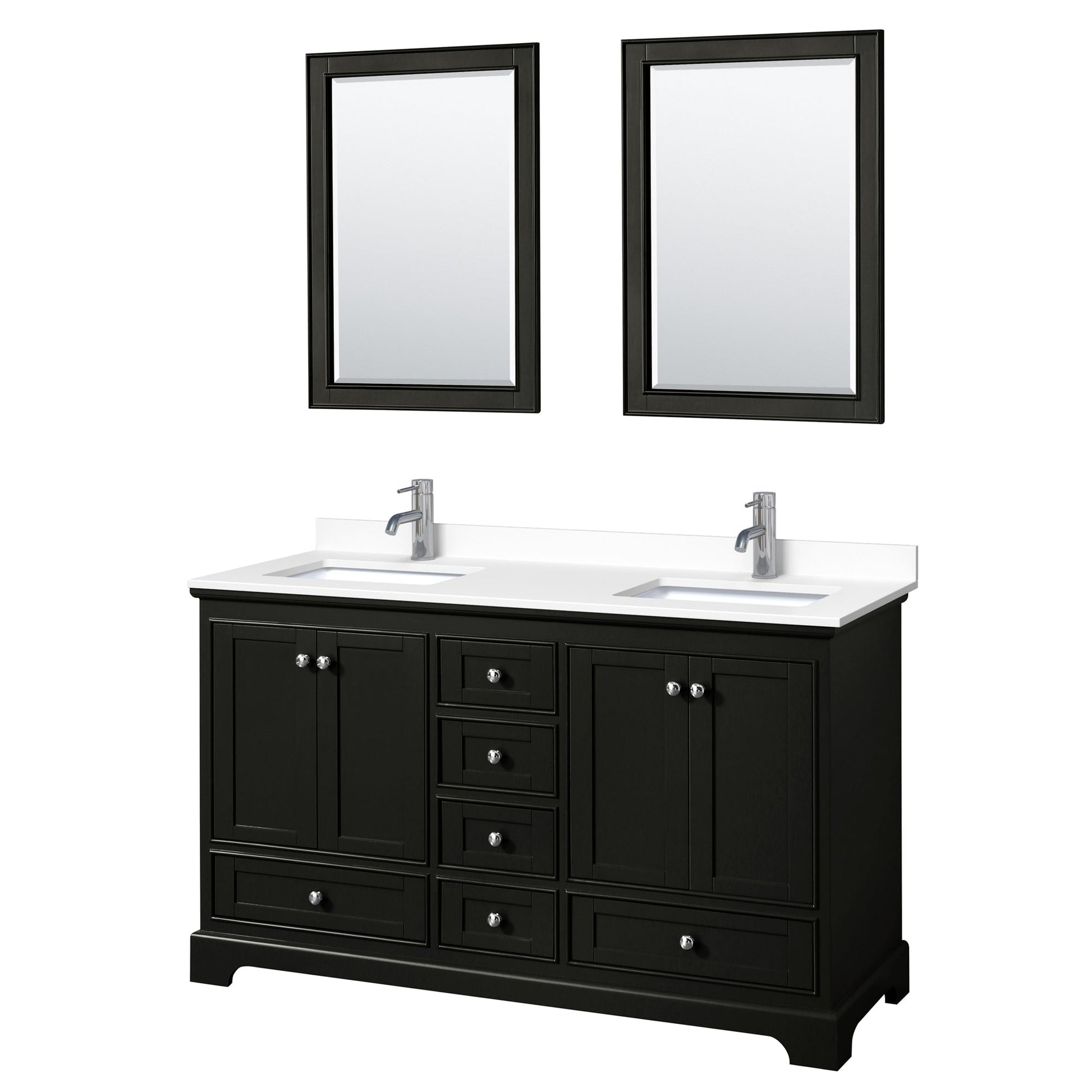 Wyndham Collection Deborah 60" Double Bathroom Vanity in Dark Espresso, White Cultured Marble Countertop, Undermount Square Sinks, 24" Mirror
