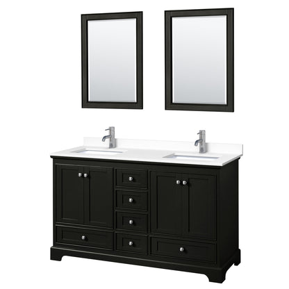 Wyndham Collection Deborah 60" Double Bathroom Vanity in Dark Espresso, White Cultured Marble Countertop, Undermount Square Sinks, 24" Mirror