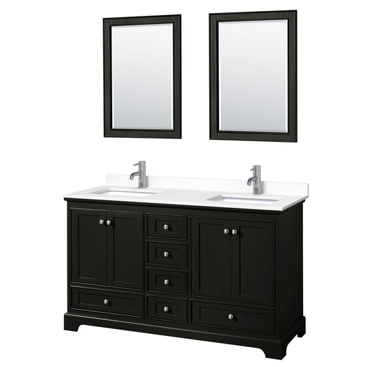 Wyndham Collection Deborah 60" Double Bathroom Vanity in Dark Espresso, White Cultured Marble Countertop, Undermount Square Sinks, 24" Mirror