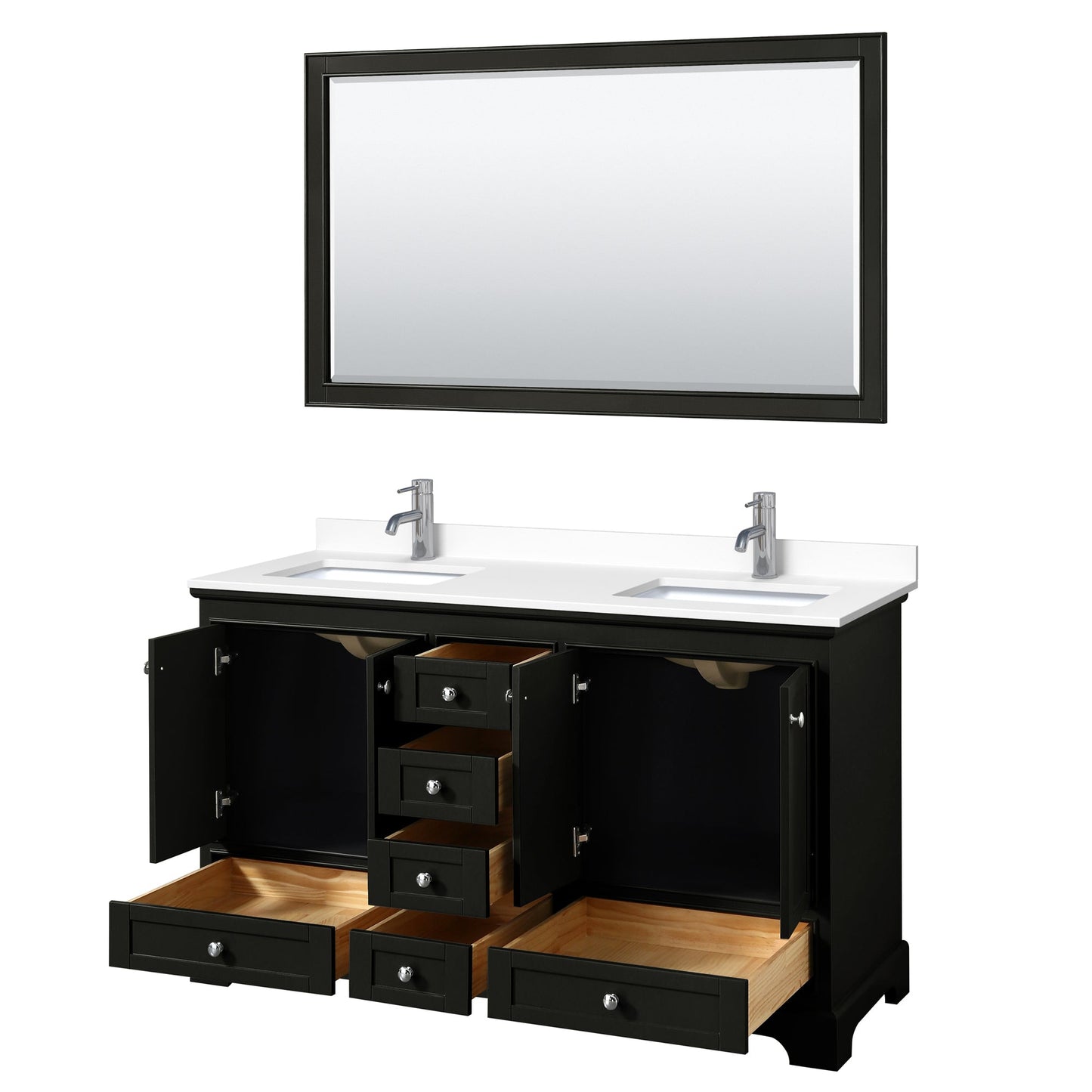 Wyndham Collection Deborah 60" Double Bathroom Vanity in Dark Espresso, White Cultured Marble Countertop, Undermount Square Sinks, 58" Mirror
