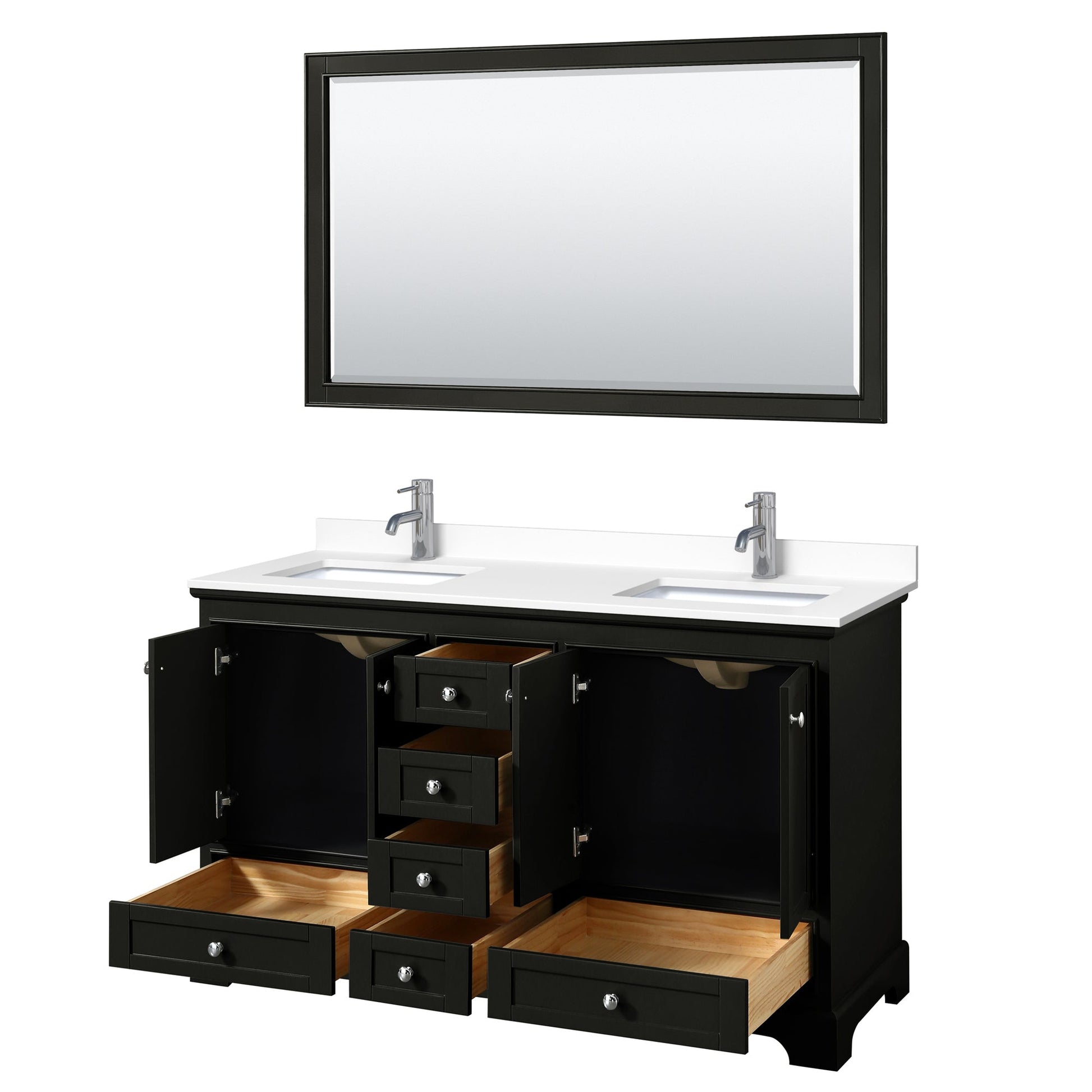 Wyndham Collection Deborah 60" Double Bathroom Vanity in Dark Espresso, White Cultured Marble Countertop, Undermount Square Sinks, 58" Mirror