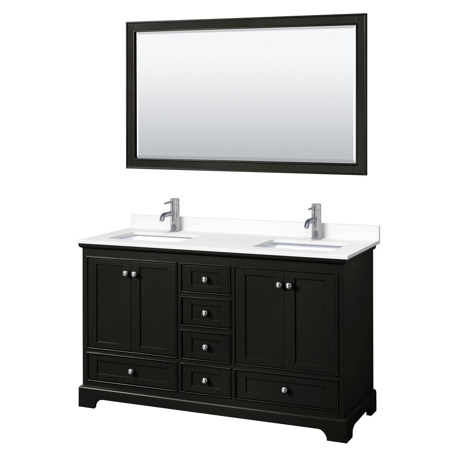 Wyndham Collection Deborah 60" Double Bathroom Vanity in Dark Espresso, White Cultured Marble Countertop, Undermount Square Sinks, 58" Mirror
