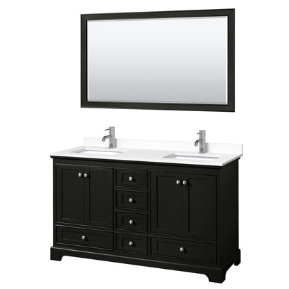 Wyndham Collection Deborah 60" Double Bathroom Vanity in Dark Espresso, White Cultured Marble Countertop, Undermount Square Sinks, 58" Mirror